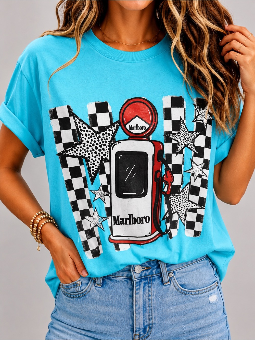 Marlboro Turquoise Graphic Tee with Red Pump Motif